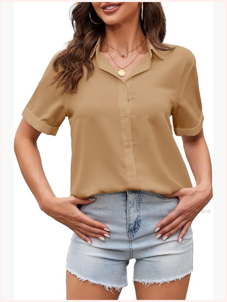 Women's Short Sleeve Blouse Button Down Collared Work Shirt